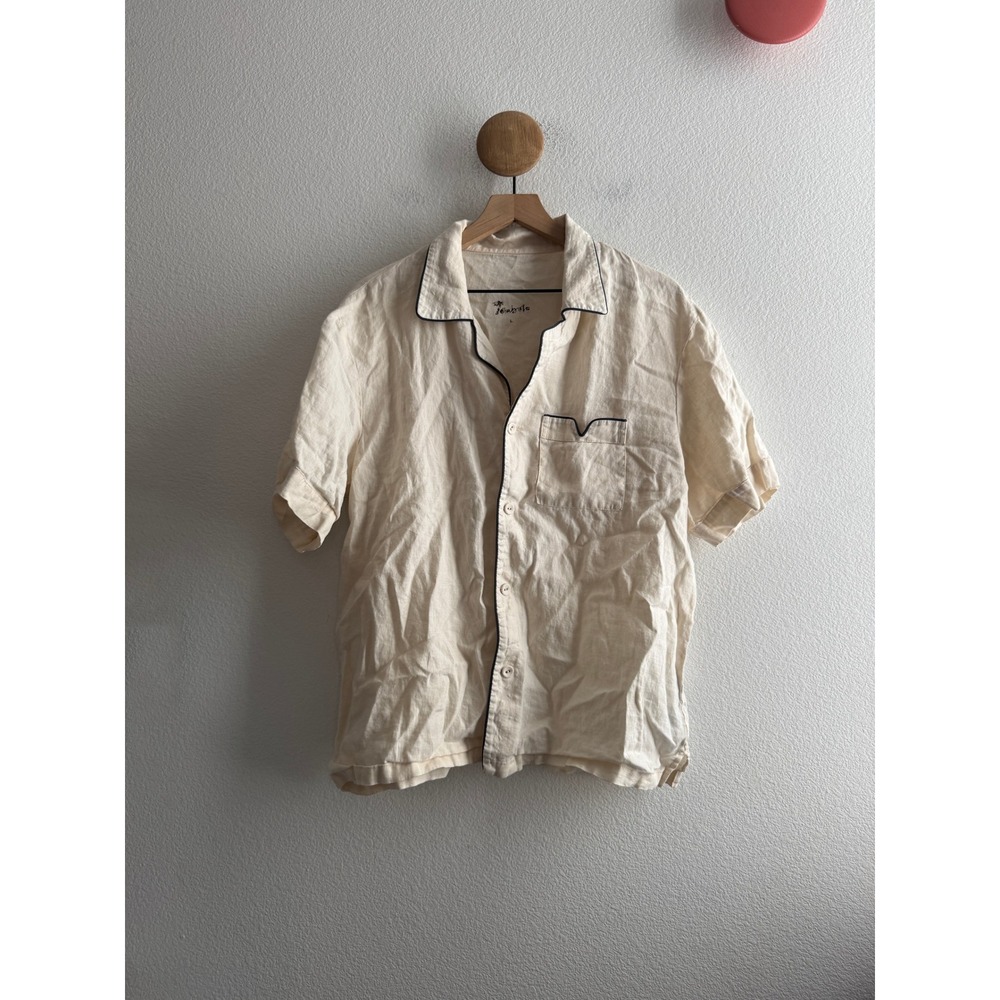 Tombolo Navy Piping Short Sleeve Linen Button Down Shirt Large